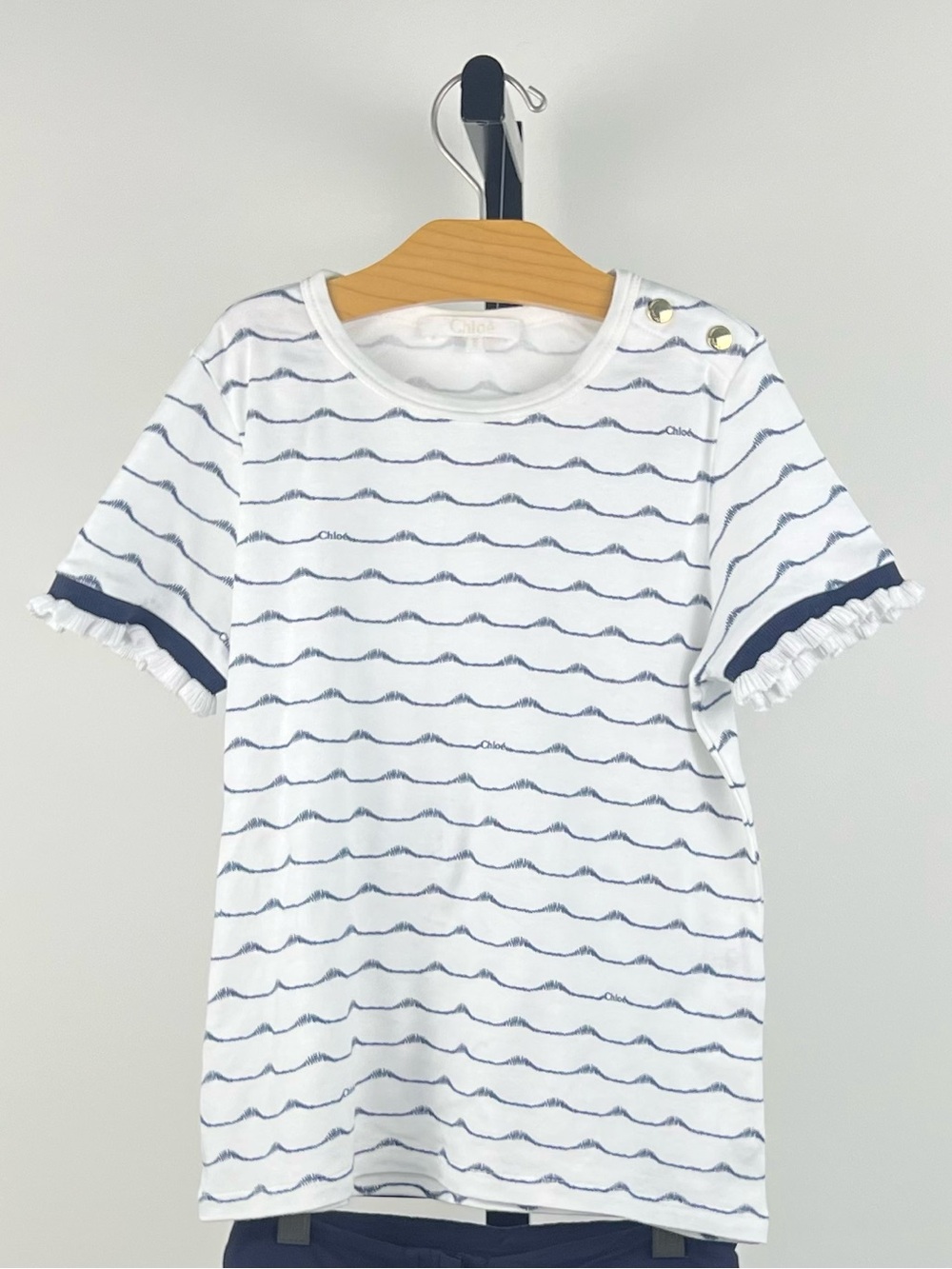 Chloe Girls White & Navy Wave-Striped Ruffle Sleeve T-Shirt, Size 8